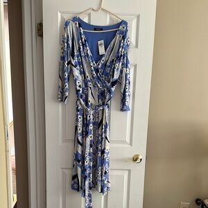 Ralph Lauren Blue and White Wrap Dress with 3/4 Sleeves